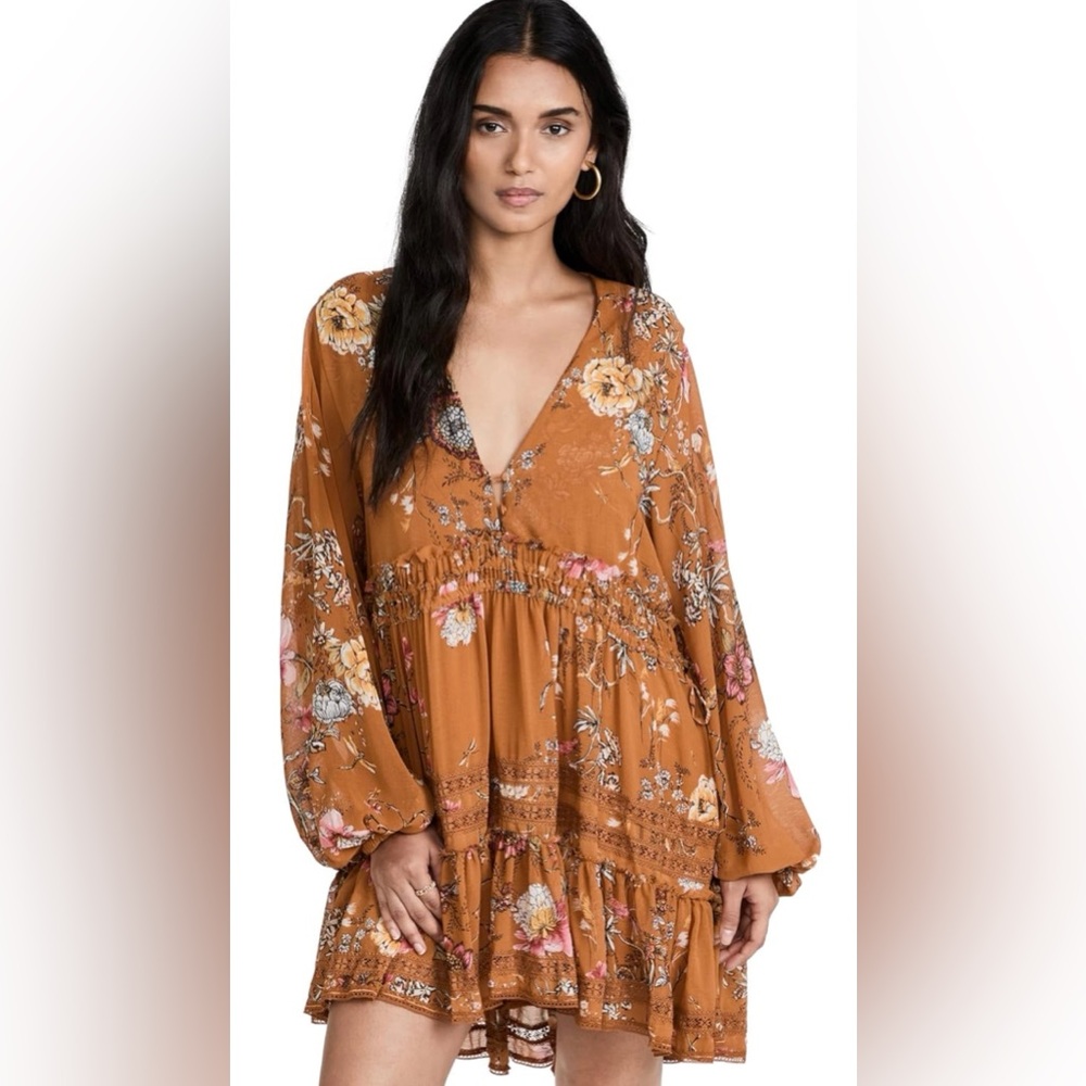 NWT Free People Floral Mini Dress in Brown and Pink
